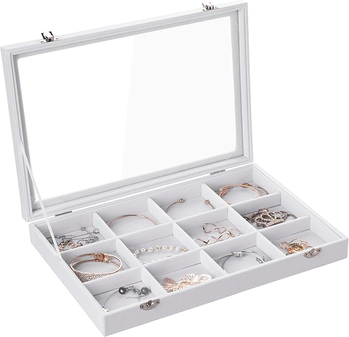 Frebeauty Velvet Jewelry Tray,12 Grid Jewelry Organizer with Clear Lid,Bracelets Holder,Jewelry Display Case with Clasp,Drawer Insert Bangle Brooch,13.8 x 9.5 x 2 Inches,Gift for Women Girls(White)