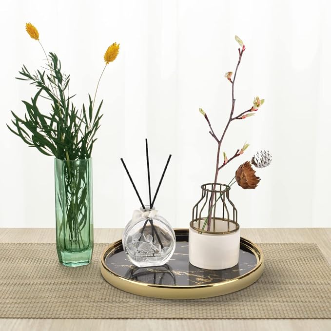 Black Vanity Tray Round Bathroom Decorative Tray for Dresser Countertop Organizer Cosmetics Round Marble Tray for Perfume,Bottles and Accessories