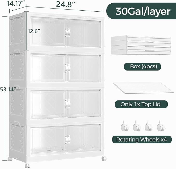 480QT Extra Large Stackable Storage Bins with Lid, 120Gal Collapsible Closet Organizer Box with Wheels, Folding Plastic Storage Cabinet with Doors for Home Kitchen Office Dorm, 4Pack White