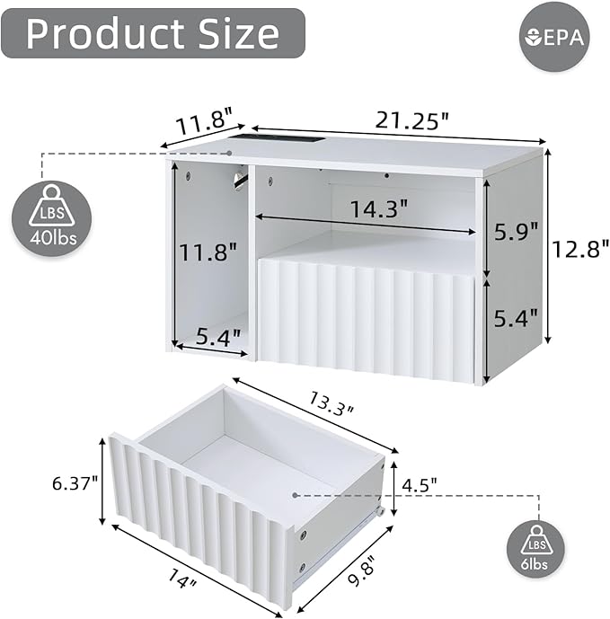 Modern Matte White Fluted Floating Nightstand with Charging Station, NightStand with Drawers, Bedside with USB Ports and Outlets, Bedroom Furniture(Left)