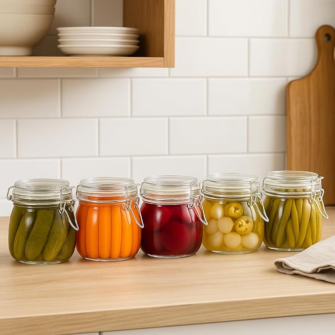 17oz Airtight Glass Jars with Clamp Lids, Small Food Storage Canisters Set of 6, Wire Clip Mason Jars for Canning Pickling Spice Herb