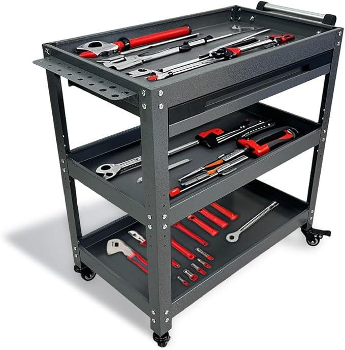 Metal 3 Tier Rolling Tool Cart with Drawer, Steel Utility Cart on Wheels, for Warehouse Garage Workshop