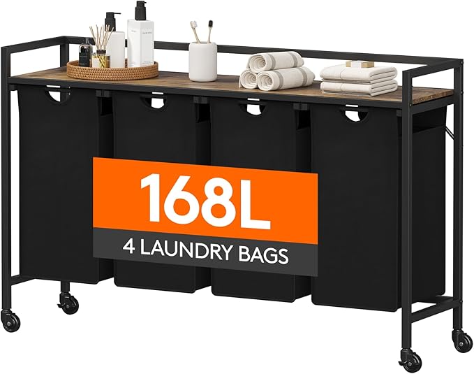 Lifewit Laundry Hamper 4 Section, 168L Pull out Laundry Clothes Basket Organizer with Large Top Shelf and 4 Removable Bags and Handles for Laundry Room Bedroom Bathroom, Black with Wheels