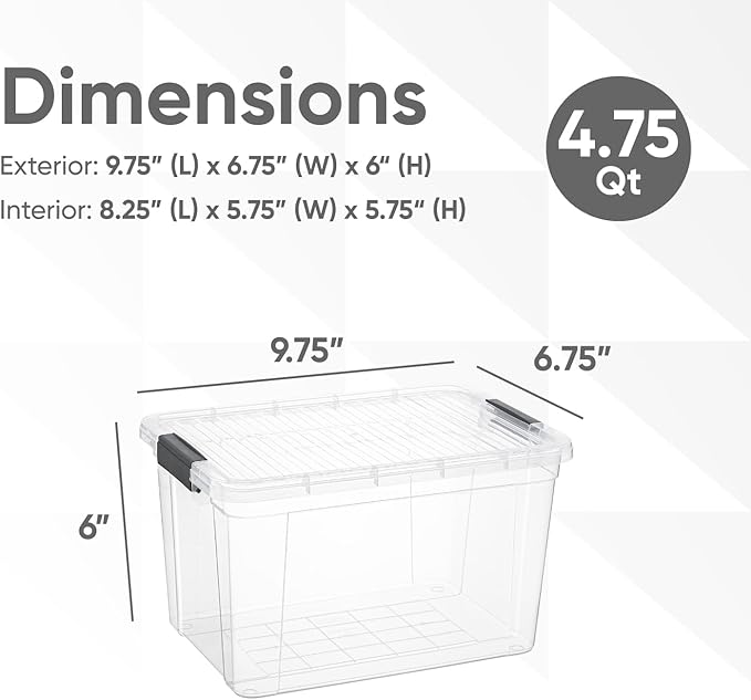 Superio Clear Storage Box with Lid, 4.7 Quart Plastic Container Bins for Organizing, Stackable Crates, BPA Free, Non Toxic, Odor Free, Organizers for Home, Office, School, and Dorm