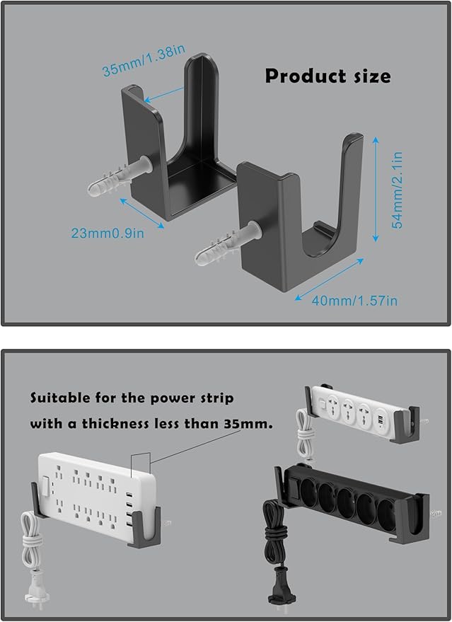 Power Strip Wall Mount Holder, Under Desk Power Strip Holder, Punch Free Socket Holder, Adhesive and Screw Two Mounting Options 2 Set (Black)