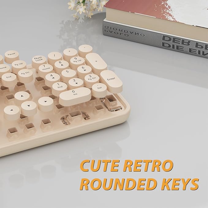 Kootop Wireless Keyboard and Mouse Combo, Cute Colorful 104 Keys Typewriter Retro Round Keycaps Keyboard for PC Laptop,Desktop,Windows, Home and Office Keyboards Coffee