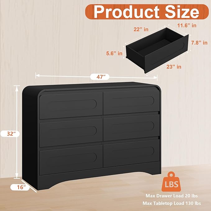 Black Dresser, Modern 6 Drawers Dressers & Chest of Drawers with Pre-installed Slide&Curved Profile Design, 47" Wide Wood Closet Clothes Storage Dressers Organizer for Bedroom Living Room Hallway