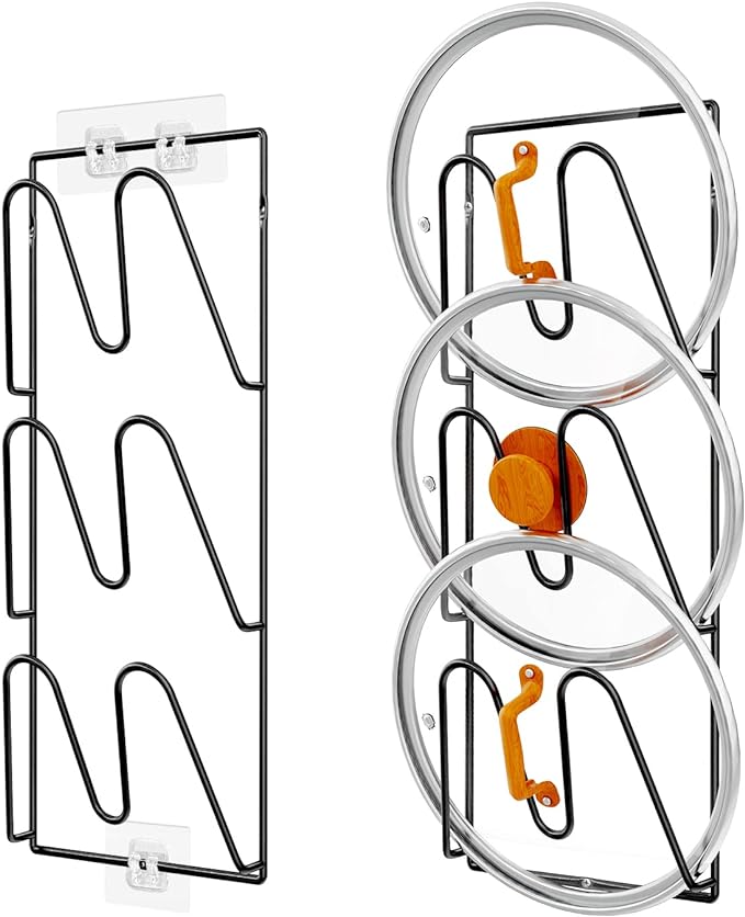 2 Pack Pot Lid Organizer Rack, 6-Tier Pot Lids Holder for Cabinet Door/Wall, No Drilling Adhesive Wall/Door Mounted Rustproof Pot and Pan Cover for Kitchen Storage, Classic Black