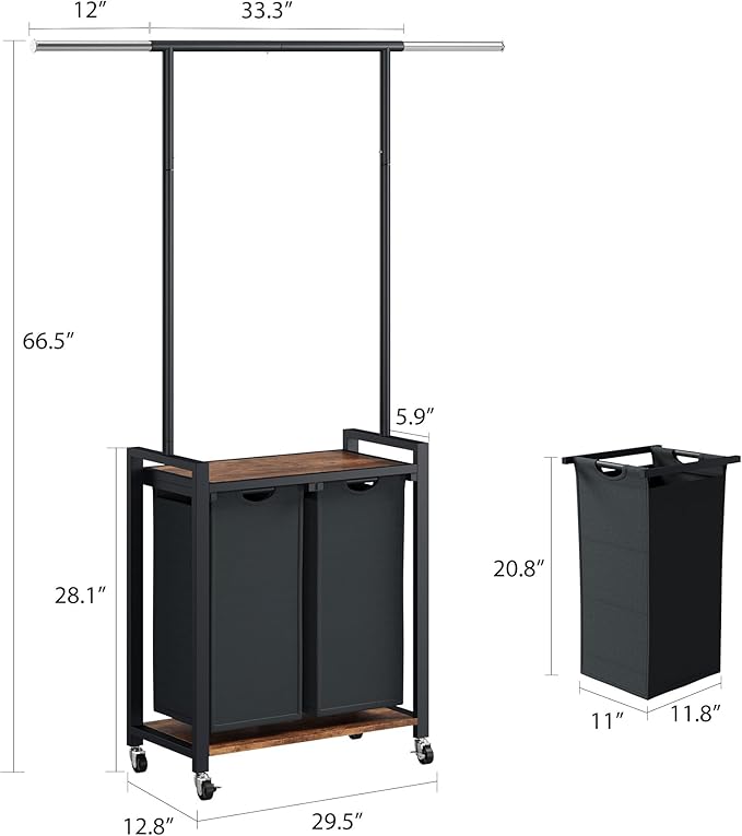 GarveeHome Rolling Laundry Cart with Hanging Rack & Utility Shelf | 2-Section Laundry Sorter Hamper with Lockable Wheels | Laundry Basket Organizer for Laundry Room, Bedroom, Bathroom | Black