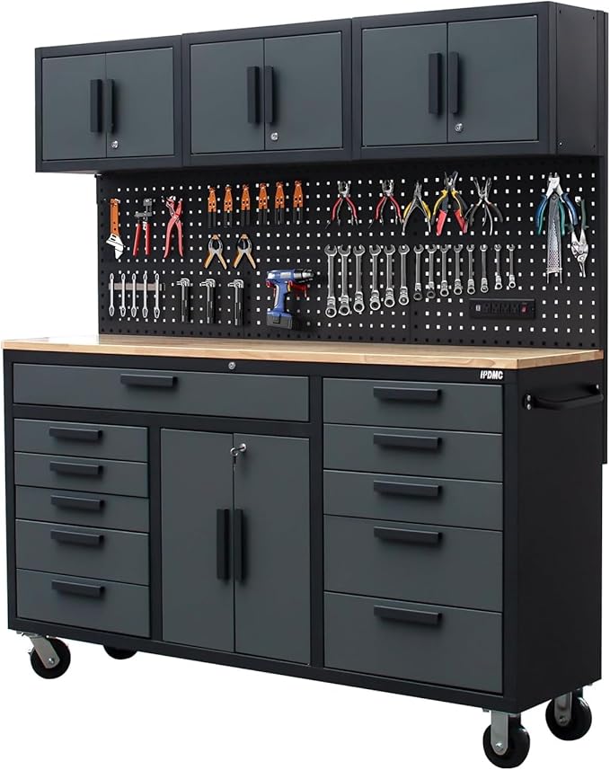 72in Rolling Tool Chest Cabinet Mobile Garage Workbench Heavy-Duty Tool Cabinet on Wheels with 11 Drawers, 2-Door Cabinet, 3 Top Cabinet, Pegboard & Power Strip for Tool Organization