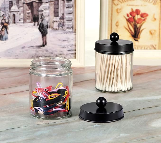 Amolliar 6Pc Apothecary Jars Bathroom Vanity Organizer- Rustic Farmhouse Decor Storage Canister with Stainless Steel Lids- Qtip Dispenser Holder for Q-Tips,Cotton Swabs,Rounds,Ball,Flossers (Black)
