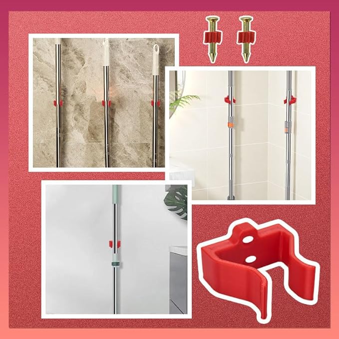 Wall Mounted Plastic Mop and Broom Holder, Red, Storage Organization Rack for Cleaning Tools