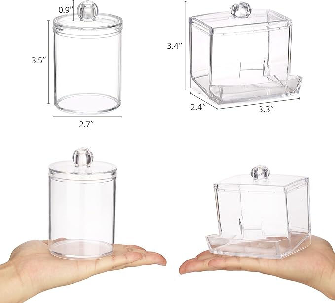 Tbestmax 4 Pack Qtip Holder Bathroom Container, 10/7oz Plastic Cotton Ball/Swabs Dispenser, Clear Apothecary Jar with Lids for Organizer and Storage