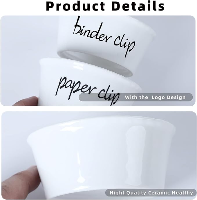 ONTUBE Ceramic Paper Clip Holder and Binder Clip Holder Set (White)