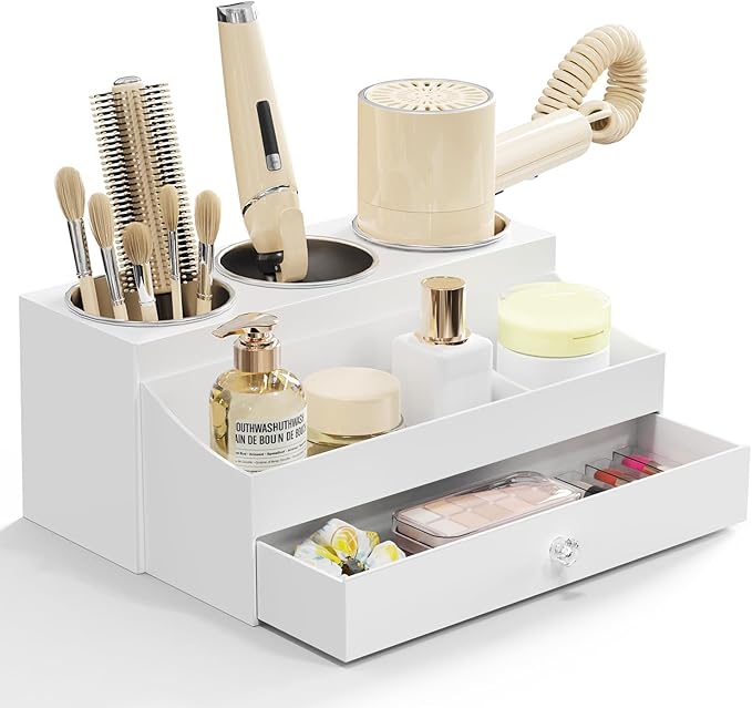 Acrylic Hair Dryer Holder with Drawer, Bathroom Organizer Countertop Drawers with 3 Stainless Cups, Makeup Vanity Accessories, Hair Hot Tools Organizer, Toiletry, White