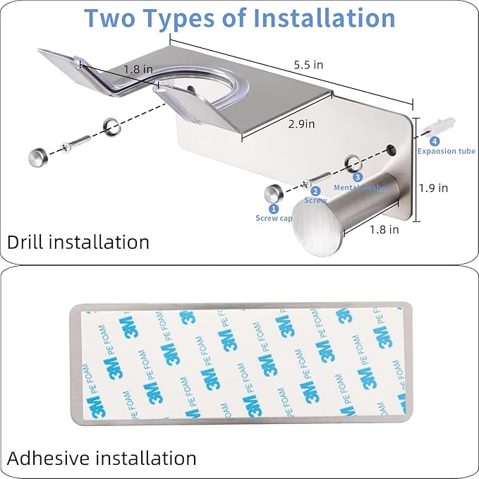 Hair Dryer Holder Stainless Steel, Blow Dryer Holder Self Adhesive, Dyson Hair Dryer Holder Wall Mounted Compatible with Dyson, Hairdryer Holder for Bathroom Silver PTALSEAW