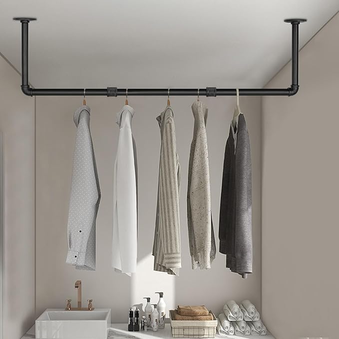 Industrial Iron Pipe Clothes Hanging Bar DIY Wall-Mounted Garment Rack Heavy Duty Clothing Rack for Bedroom, Laundry Room, Closet Storage (Black 40 inch)