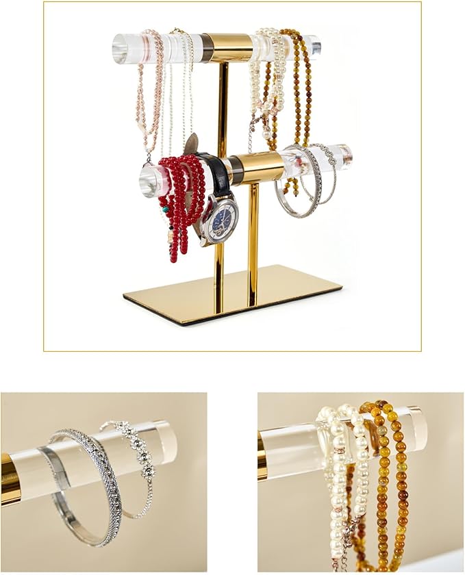 Display Stand Acrylic Jewelry Towers - Stainless Steel Long Necklaces Stand 2-Tier Crystal Tabletop Jewelry Organizer Home Decor for Store Boutique Vendors