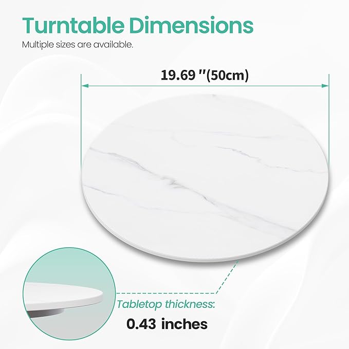 19.7" Lazy Susan Turntable – 360° Sinteredstone Silent Anti-Slip Turntable, Table Top Centerpiece for Kitchen, Pantry, Spice Rack, Refrigerator & Dining Table, White