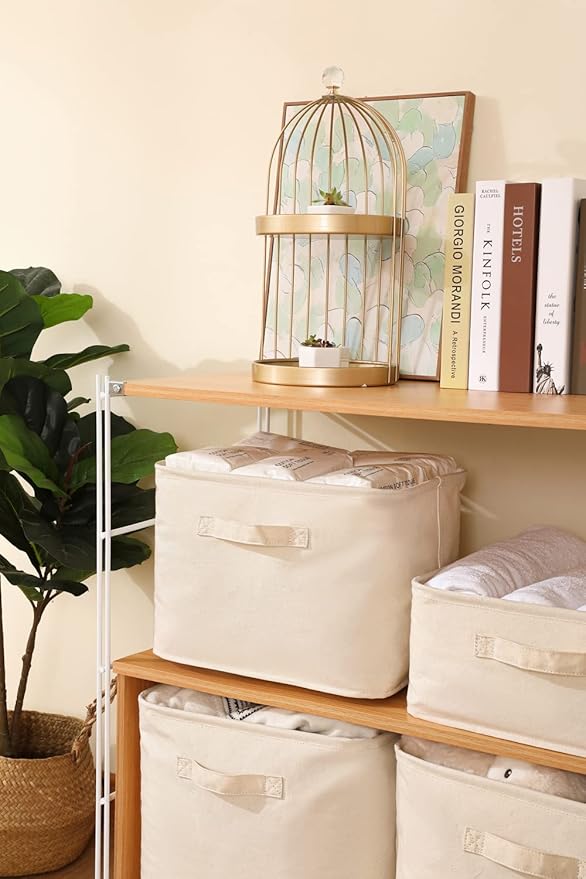 Decorative Basket Rectangular Fabric Storage Bin Organizer Basket with Handles for Clothes Storage (13.7 x 13.7 x 6.2, Beige)