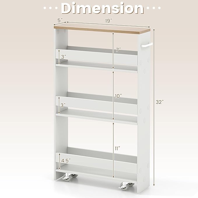 MAT EXPERT Slim Rolling Storage Cart, 4-Tier Freestanding Slim Storage Cart with Wheels 360 Degree & Metal Handle, Wooden Utility Cart for Narrow Kitchen, Laundry Room, Bathroom (White + Natural)