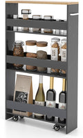 Slim Rolling Storage Cart, 4 Tier Narrow Kitchen Cart with Wheels, Between Washer and Dryer Cart, Wood Shelving Unit Organizer w/Handle for Small Spaces (Grey & Natural, 5-Inch)