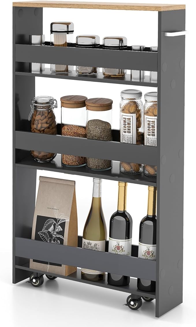 Slim Rolling Storage Cart, 4 Tier Narrow Kitchen Cart with Wheels, Between Washer and Dryer Cart, Wood Shelving Unit Organizer w/Handle for Small Spaces (Grey & Natural, 5-Inch)