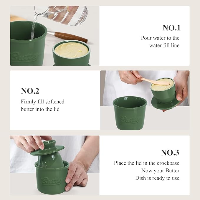Butter Crock for Counter with Water, French Butter Keeper for Spreadable Butter Ceramic Butter Dish with Lid for Countertop, Butter Container Holder, Home Kitchen Decor (Green, M)
