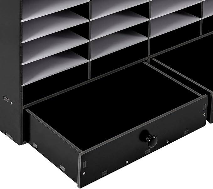 Literature Organizer 32 Slots Office Mailbox Cubbies PVC Desk Mail Sorter Organizer with Adjustable Panels & 2 Drawers for Office, Home, Classroom, Mailrooms, Bearing 110lbs (Black)