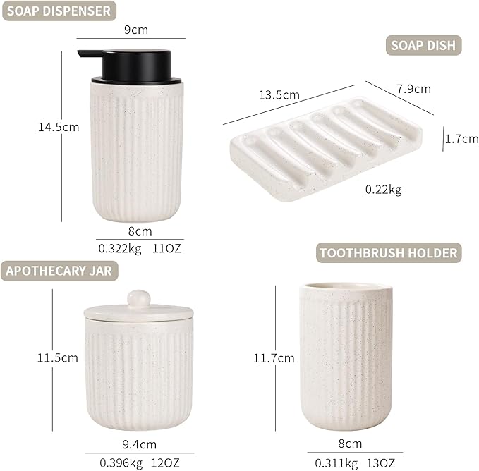 BosilunLife Ceramic Bathroom Accessories Set - Bathroom Counter Soap Set Beige Bathroom Decor Sets Accessories Bathroom Lotion Soap Dispenser and Toothbrush Holder Set, Soap Dish, Apothecary Jars