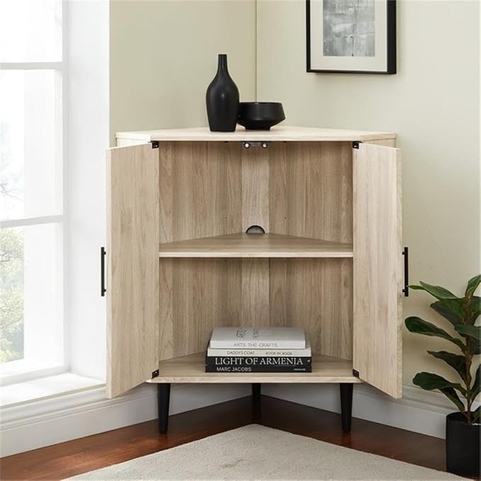 Walker Edison Saxon Mid-Century Modern 2-Door Corner Accent Cabinet 30 Inch Birch