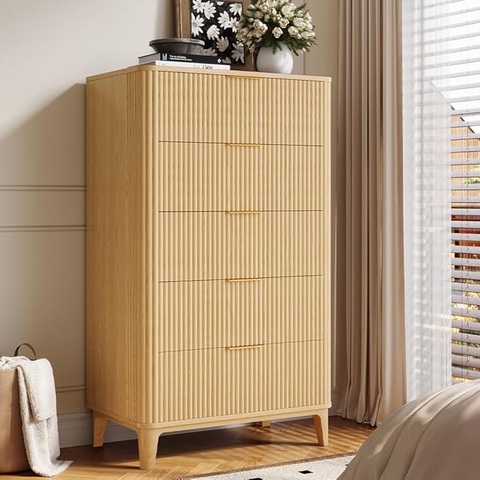 Fluted Dresser for Bedroom with 5 Drawers Set of 2, 45" Large Closet Clothes Wood Tall Dresser Storage Organizer, Mid Century Modern Chest of Drawers with Deep Storage Natural