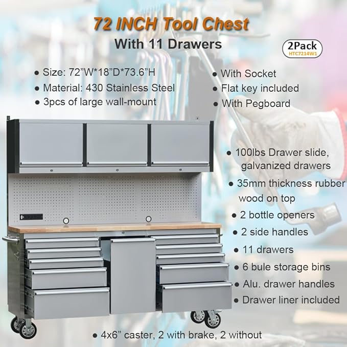 72 inch 11 Drawers Tool Chest with 3 Up Cabinet & Pegboard in Stainless Steel, Large Lockable Mobile Workbench with 6 Blue Storage Bins, Tool Box for Garage, Workshop (2 × HTC7214W1)