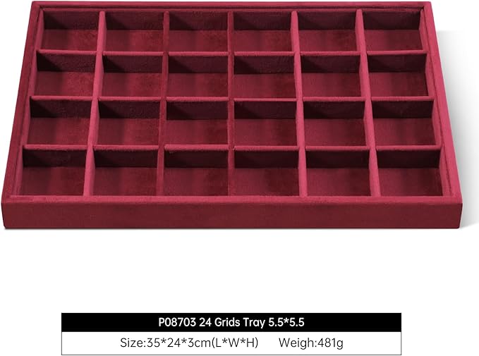 Velvet Stackable Jewelry Display Tray, 24 Grid Earring Ring Storage Tray, Drawer Divider Jewelry Accessories Organizer Plate (Red)