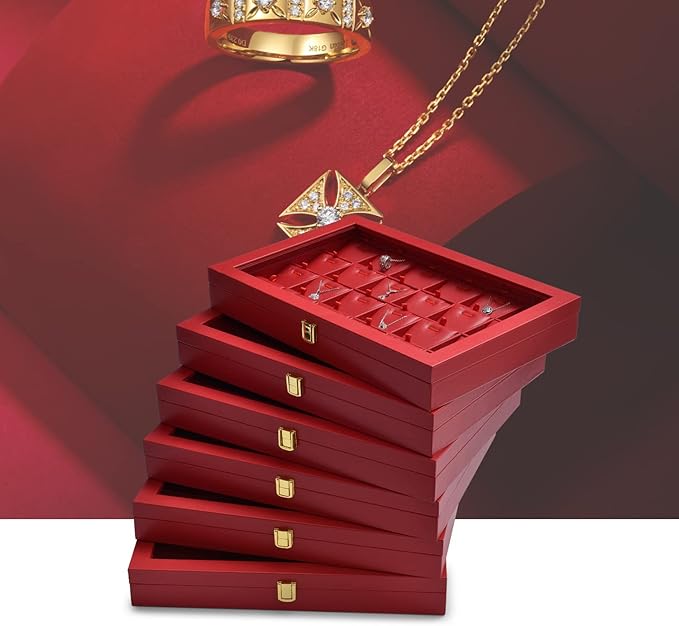 Oirlv Luxury Leather 24 Grid Jewelry Tray with Transparent Lid Earrings Rings Organizer Box Stackable Jewelry Box Drawer Inserts Women Gift