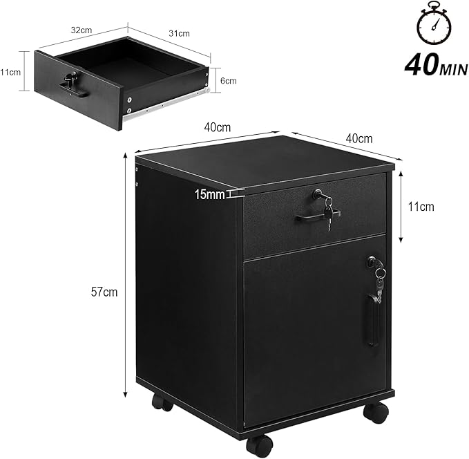 File Cabinet with Lock and Drawer, Mobile Under Desk Storage Cabinet with 360° Swivel Wheels, Wooden Filing Cabinet File Organizer for Legal/Letter/A4 Documents, Home Office Filing Cart (Black)