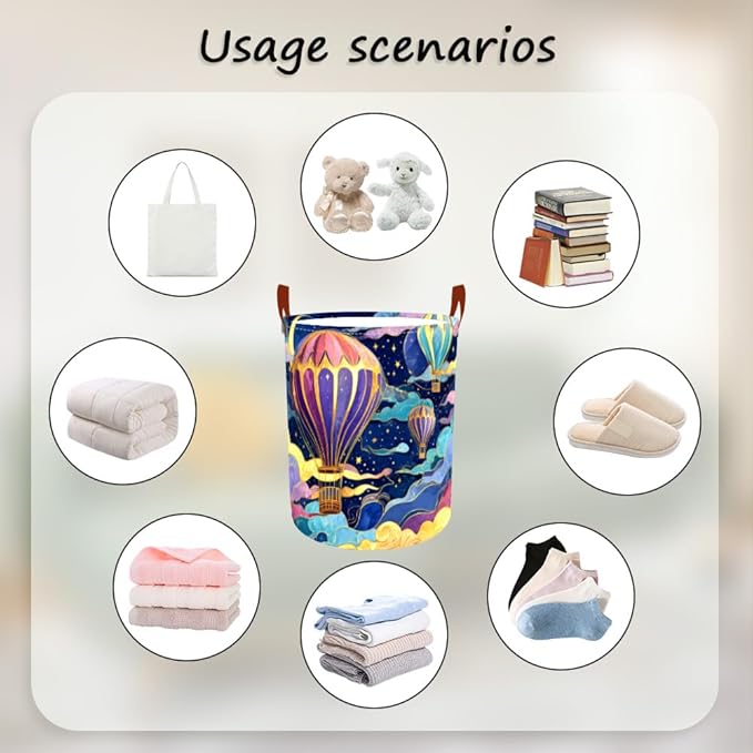 Laundry Baskets 15.7x19.7 Inch Large Hot Air Balloon Night Sky Design Collapsible Laundry Hamper with Handles Oxford Fabric Clothes Storage Bin Foldable Dirty Clothes for Bedroom Bathroom Dorm
