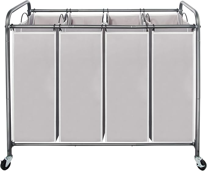STO STO Laundry Sorter 4 Section, 4 Bag Laundry Hamper, Rolling Laundry Cart, Laundry Basket with Heavy Duty Lockable Wheels and Removable Bag for Clothes Storage, Gray