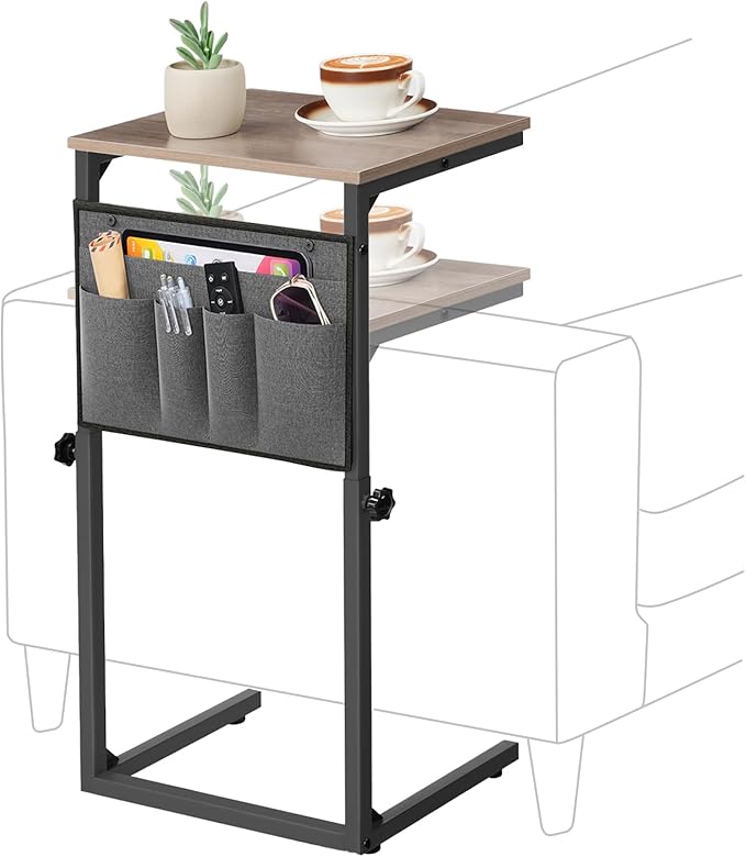 HOOBRO C Shaped End Table, 29.5’’ Adjustable Height Side Table with Storage Pockets, Couch Table Slide Under for Sofa, Small Space, for Living Room, Bedroom, Greige and Black BG77SF01