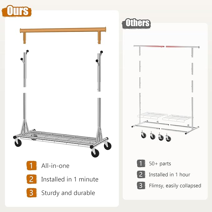 Heavy Duty Clothes Rack Load 530 lbs, Metal Rolling Clothing Rack With Sturdy Wheel And Shelves, Adjustable Portable Hanging Garment Rack For Clothes,Chrome Stainless Steel