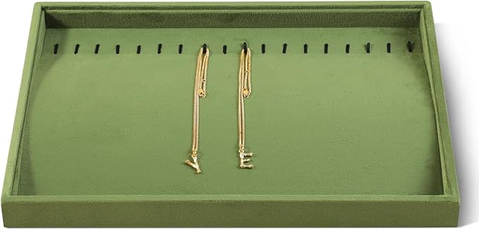 Velvet Jewelry Display Tray For Bracelet Pendant Necklace, Multi-Slot Stackable Storage Tray For Long Chain Jewelries, Drawer Insert Jewelry Organizer (Olive Green)