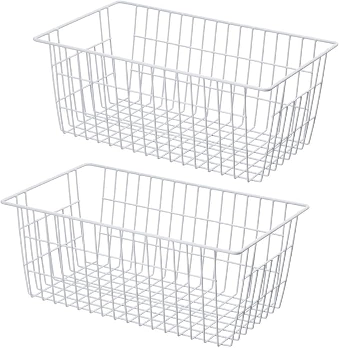 Wire Storage Basket Freezer Organizer Bins Refrigerator Organization Storage Baskets with Handles for Pantry, Freezer, Laundry Room, Closets, Garage, Office, Bathroom, Set of 2