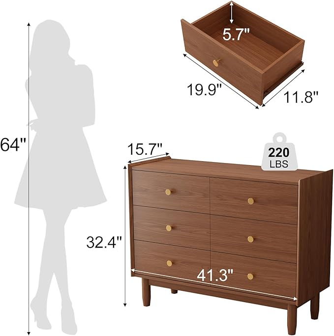 6 Drawer Dresser for Bedroom,41.2" W Wood Chest of Drawers with Large Storage Cabinet, Mid-Century Dressers for Closet Kitchen, Sideboard