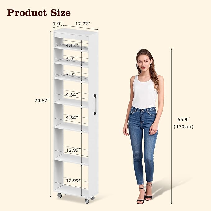 70" Tall Wooden Slim Storage Cart, 7 Tier Kitchen Rolling Cart with Handle & Wheels, 7.9" W Narrow Bathroom Utility Cart for Small Spaces Kitchen Laundry Narrow Places, White