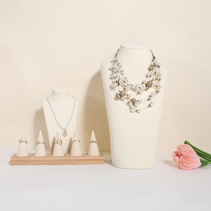 GemeShou Beige necklace hanger jewelry organizer, Velvet jewelry stand necklace holder, jewelry mannequin bust for necklaces, Jewelry boutique store photography props【Beige-Large height 11.8 inch】