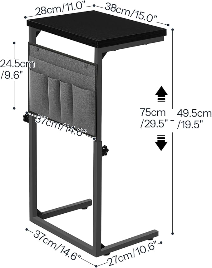 HOOBRO C Shaped End Table, 29.5’’ Adjustable Height Side Table with Storage Pockets, Couch Table Slide Under for Sofa, Small Space, for Living Room, Bedroom, Black BB77SF01