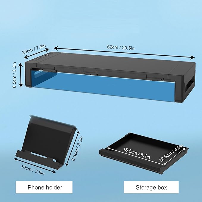 Monitor Stand Riser with 8 in 1 Docking Station Phone Holder Drawer 25KG Bearing Ergonomic Desktop Computer Storage Shelf for Home Office Workstation ABS Aluminum Alloy Black
