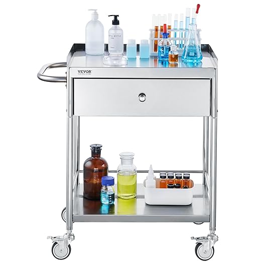 VEVOR Medical Cart, 2-Layer Stainless Steel Cart 220 lbs Weight Capacity, Lab Utility Cart with 360° Silent Wheels and a Drawer for Lab, Clinic, Kitchen, Salon