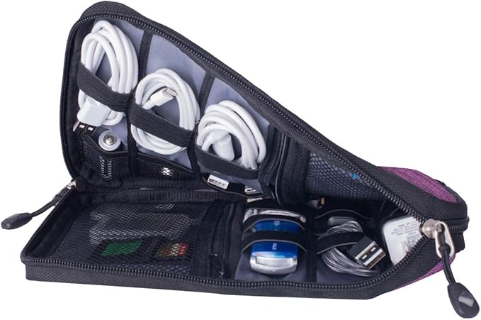 Travel Cable Organizer Bag Waterproof Portable Electronic Accessories Organizer for USB Cable Cord Phone Charger Headset Wire SD Card with 5pcs Cable Ties(Purple)