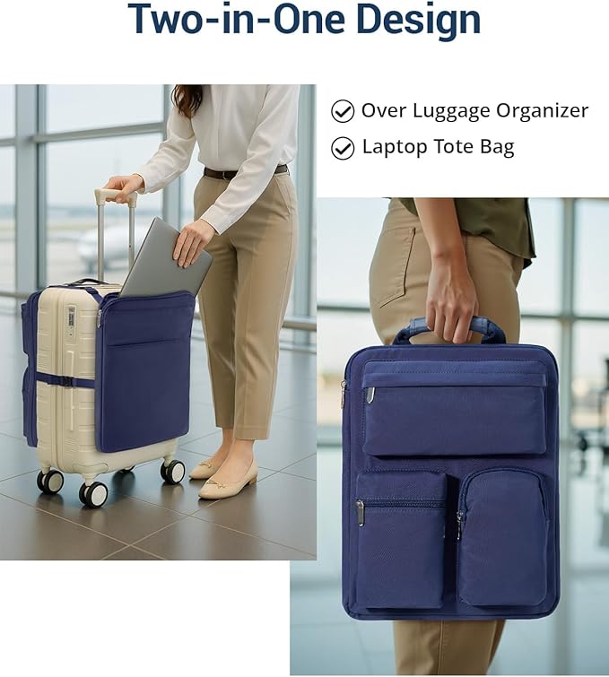 Over Luggage Organizer Bag for Suitcase with Multi Pockets, 16”Laptop Bag with Handle, Portable Travel Organizer Bags for Luggage with Adjustable Strap, Tote Carry Bag for Men Women(Navy Blue)